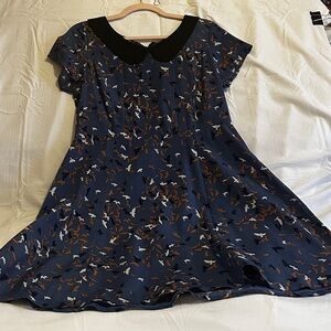 Audrey 3+1 ModCloth Blue Black Bird Pattern Peter Pan Collar Dress